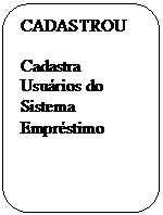 Ret�ngulo de cantos arredondados: CADASTROU

Cadastra Usu�rios do Sistema Empr�stimo

